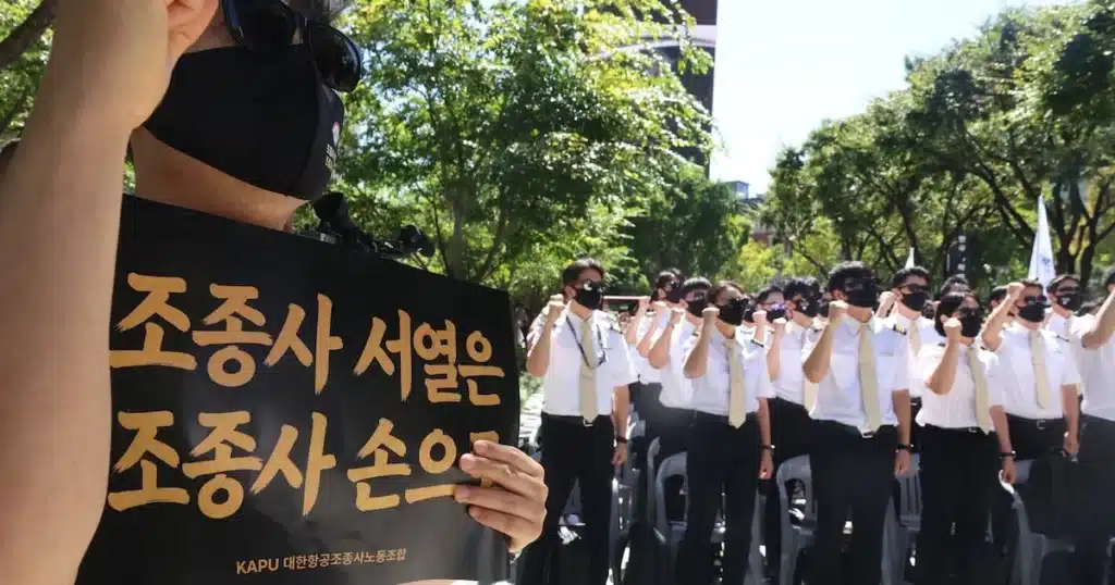 Korean Air Flight Attendants Protest Seniority Dispute Ahead of Merger Korean Air Flight Attendants Protest Seniority Dispute Ahead of Merger